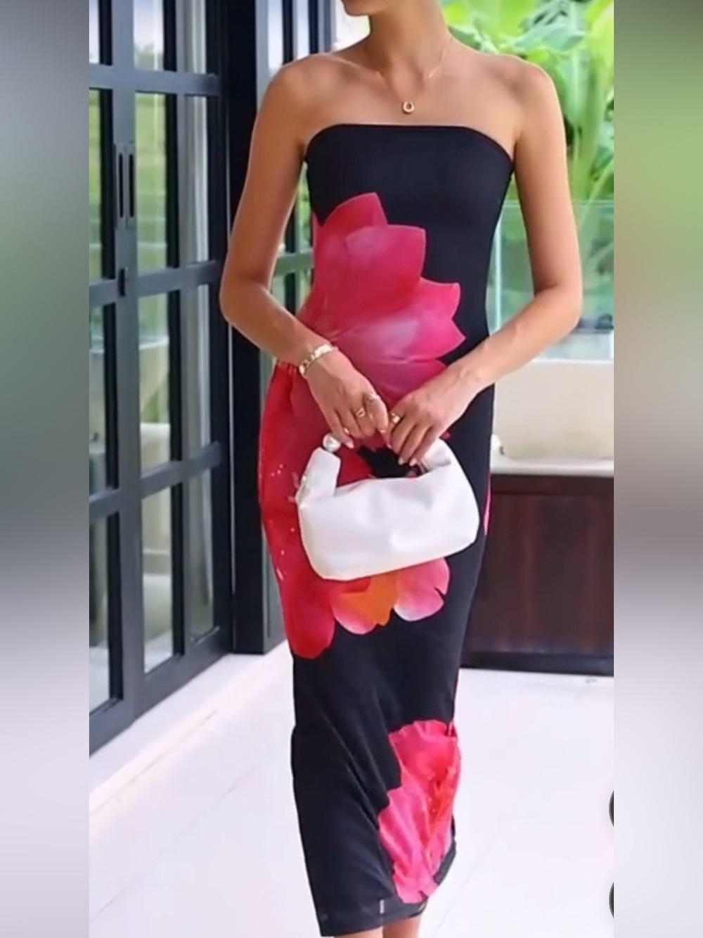Gorgeous - Strapless Black Dress with Red Floral Design